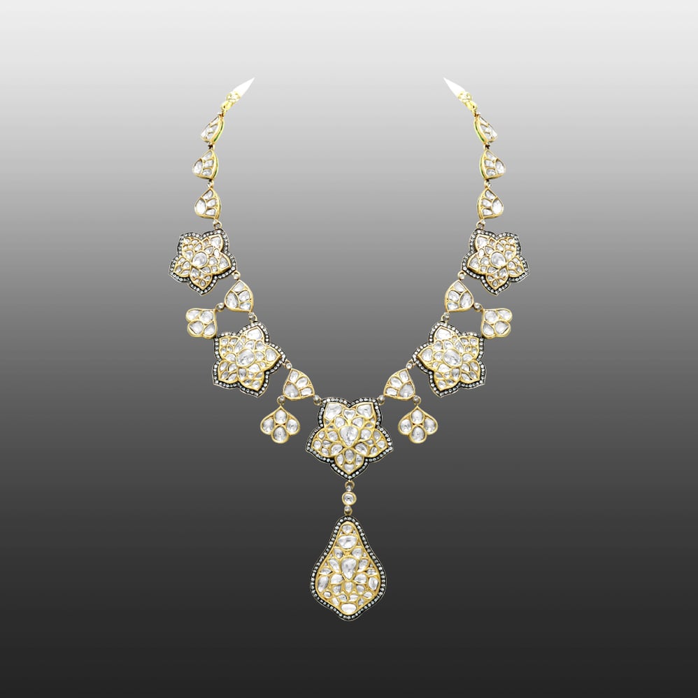 Victorian-Style Polki Necklace with Teardrop Pendant
